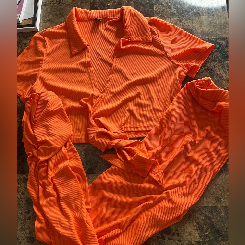 SHEIN Orange Ribbed Track Pants & Cropped Polo Top Set